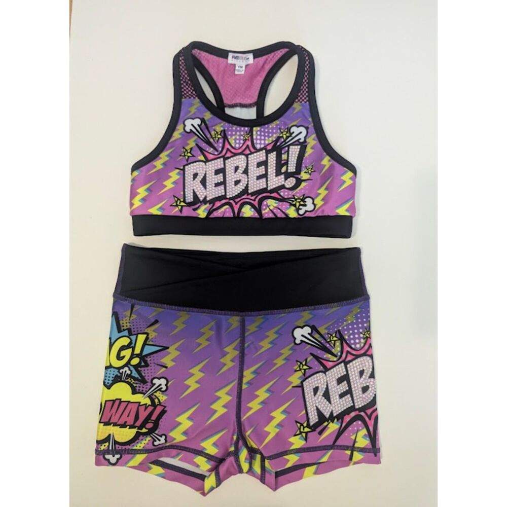 Rebel Athletic Superhero purple/pink set bra shorts YM / YL cheer dance